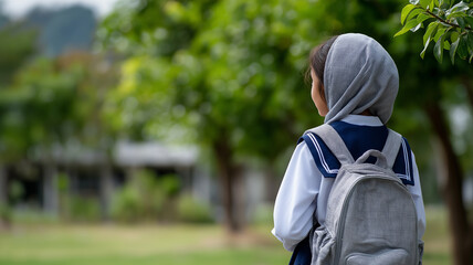 Back-view portrait of Indonesian Muslim school girl in white and navy uniform with hijab and backpack standing confidently in peaceful schoolyard environment