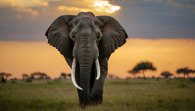 A lone bull elephant with large tusks walks across the savanna at sunset, a striking image of African wildlife - Powered by Adobe