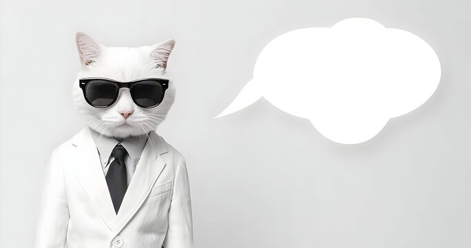 A stylish cat wearing sunglasses and a suit poses confidently against a plain backdrop, embodying a playful yet professional attitude.