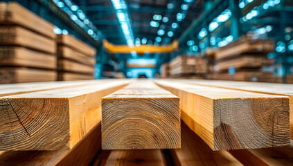 Close-up of freshly cut wooden planks stacked in a well-lit industrial workspace, showcasing their natural patterns and textures.