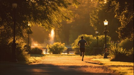 Fototapeta premium Man jogging in a park, golden hour, 