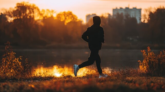 Man jogging in a park, golden hour,
