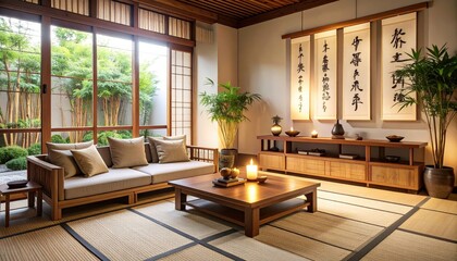 Tranquil Japanese Interior with Traditional Furniture and Greenery