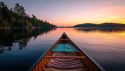 Fototapeta premium Calm canoe on a serene lake at sunset