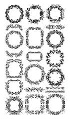 Collection of decorative hand drawn floral and leafy wreaths and oval frames with ornate swirls and flourishes for elegant design elements