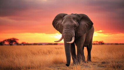 Obraz premium Majestic elephant walking at sunset in golden grassland under dramatic orange sky with soft light and warm background