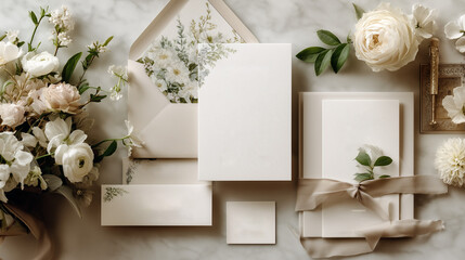 Flat lay wedding invitation cards elegant set of craft envelopes, paper invitations, beige white colored ribbons, name place card, minimalist floral decoration on white flowers background. top view