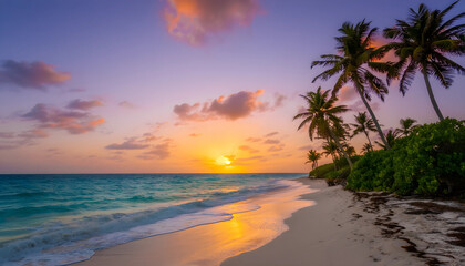 Beautiful summer sunset over the ocean with gentle waves on a sandy beach