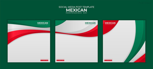 Mexican independence day. Set of carousel post template with curves shapes in red white green background