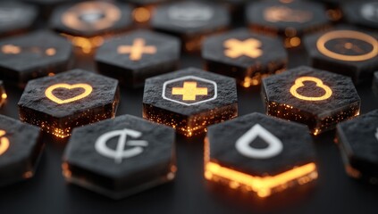 Hexagonal icons with glowing symbols