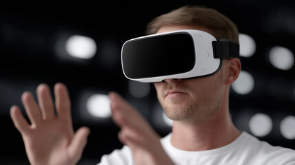 Futuristic concept of Caucasian man wearing VR headset from back view interacting with holographic digital interface with glowing particles and grid network in dark tech background