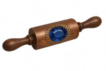 Wooden rolling pin with oversized blue gemstone centerpiece, resting on transparent backdrop