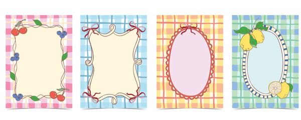 Cherry,lemon,blueberry vintage frame on pink gingham background coquette style.vector illustration for birthday party, invitation card, social media template