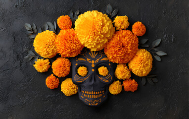 Day of the dead, Dia de los muertos, sugar skull wit marigold flowers wreath o paper black color Backgrond.