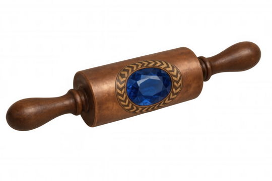 Wooden rolling pin with oversized blue gemstone centerpiece, resting on transparent backdrop - Powered by Adobe