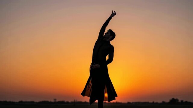 Male ballet dancer performs contemporary dance pose in slow motion at sunset.