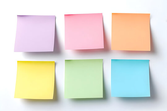Brightly colored sticky notes arranged in a grid pattern on a white background. Ideal for reminders, organization, and creativity in the workplace.