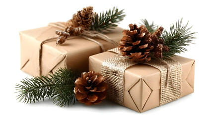 Beautifully wrapped gifts adorned with pine cones and evergreen branches, perfect for holiday celebrations and festive occasions.