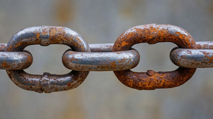 Fototapeta premium Polished chain with one rusted link showcases contrast between strength and decay, highlighting beauty in imperfection and passage of time