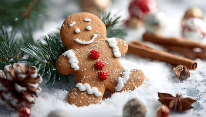 Delicious gingerbread cookie decorated with icing and sprinkled with festive items, surrounded by pine cones and cinnamon sticks on a wintery backdrop.