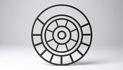 Minimalist black circular gear or shutter icon symbolizing innovation, network, and modern technology on a simple gray background
