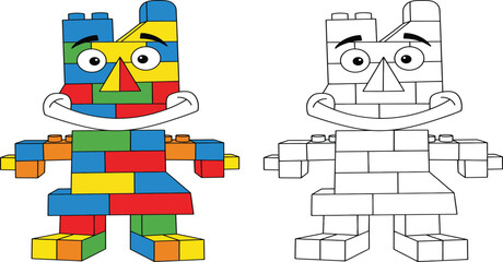 Adorable Cartoon Character Made from Colorful Building Blocks, Perfect for Children's Toys, Creative Play, Education, and Construction-Themed Designs