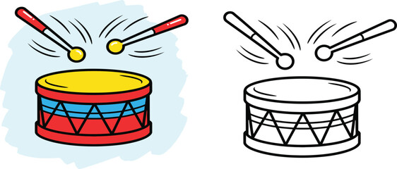 Lively Cartoon Illustration of a Toy Drum with Drumsticks, Perfect for Children's Music, Playtime, Celebration, and Rhythm-Themed Educational Content
