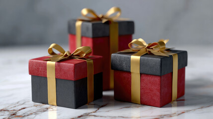 Obraz premium Stylish red and black gift boxes with golden ribbons create festive atmosphere, perfect for celebrations and special occasions. These elegant presents add charm to any event