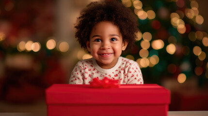 Happy child smiling with curly hair, sitting in front of red holiday gift box, surrounded by festive decorations and blurred lights, radiating joy and excitement