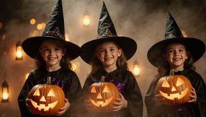 A dreamy Halloween scene for a festive feel. The children and glowing pumpkins create a heartwarming and enchanting visual.