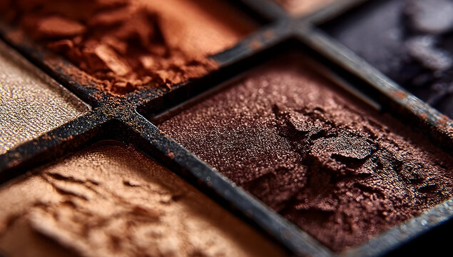 Close-up view of an eyeshadow palette showcasing a variety of rich, earthy tones. Perfect for makeup enthusiasts seeking vibrant color options for beauty looks.