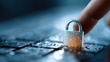 Finger gently touches digital padlock on keyboard, symbolizing cybersecurity and data protection. This conveys importance of safeguarding information in digital world