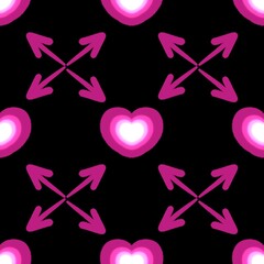 seamless pattern with pink heart on black background 