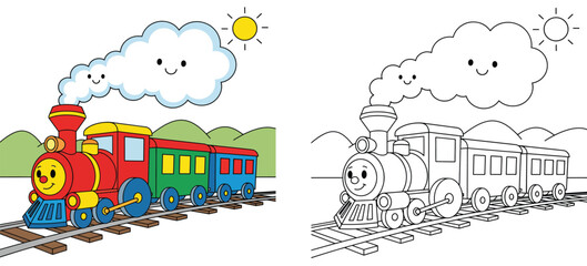  Happy Cartoon Train on Tracks with Smiling Smoke Cloud - Colorful and Line Art Versions for Transport and Childhood Journeys © AbuNazam