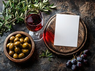 A rustic overhead composition featuring a bowl of green olives a glass of red wine olive branches and grapes next to a blank white card on a dark