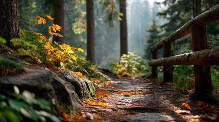 Serene forest path surrounded by tall trees and vibrant autumn foliage creates warm and inviting atmosphere. Sunlight filters through leaves, illuminating fallen leaves on ground