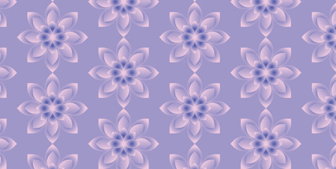 Seamless pattern with geometric floral ornaments in soft purple gradient on violet background. Elegant Diwali Festival of Lights decorative texture. Vector illustration for wrapping paper, fabric