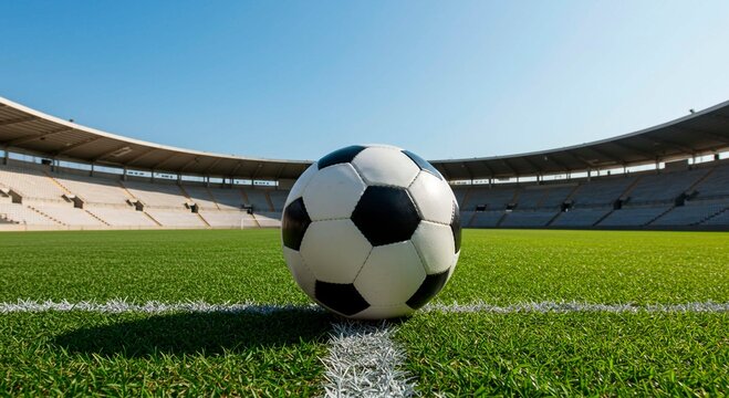 A soccer ball on a field with a stadium in the background under a clear blue sky on a sunny day - Powered by Adobe