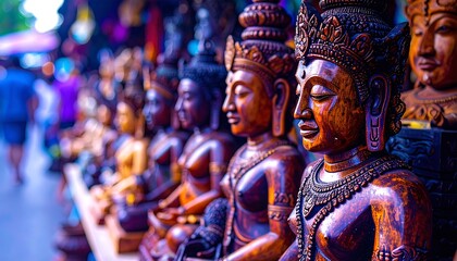 Buddha Statues Displayed in a Row, Showcasing Culture and Religious Art in an Outdoor Market