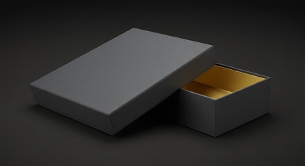 Mockup of a gray gift box with a gold interior is open on a dark background for commercial usage