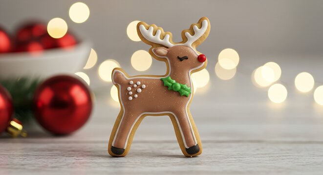 festive sugar cookie shaped like a reindeer, with a perfect royal icing design and a hint of sparkling edible glitter. 