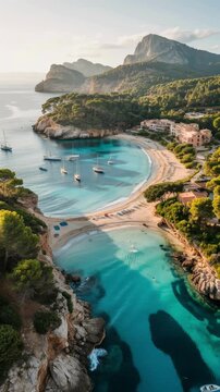 Aerial View of Cala Macarella Beach, Menorca, Spain Turquoise Waters and Lush Coastline