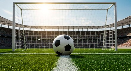 A soccer ball positioned on the field in front of the goal net at a stadium on a sunny day time