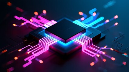 Modern Processor Circuitry With Glowing Neon Lines Connecting To A Central Chip