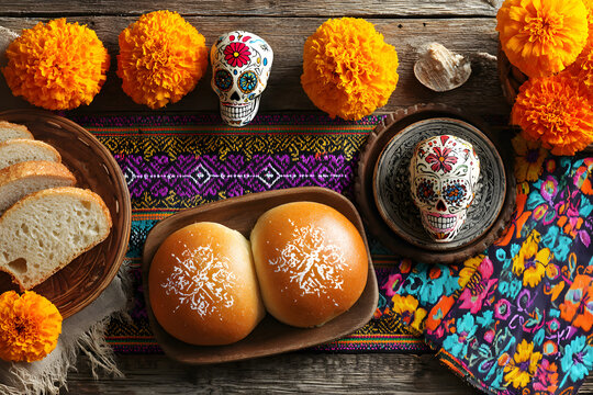 Day of the dead, Dia De Los Muertos Celebration Backround With sugar Skull, caaverita, marigolds or cempsuchil flowers, bread of dath or Pan de Muerto with opy Space. Traditional Mexcan culture
