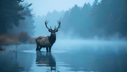 Naklejka premium A majestic elk stands in the tranquil waters of a misty lake, surrounded by a dense forest