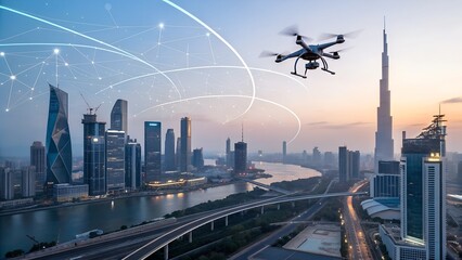 drone flying over cityscape with futuristic overlay