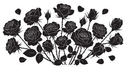 Artistic black silhouette of a lush bouquet of blooming roses and buds with scattered petals on a white background