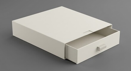 Mockup of a simple, elegant light beige sliding drawer box with a handle, partially open, against a neutral gray background for commercial usage