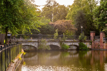 A view towards the Bird Street bridge over the Minster Pool in Lichfield, UK in summertime